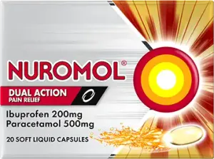 Nuromol Dual Action Tough Pain Relief Liquid Capsules 200mg:500mg 20 caps.webp